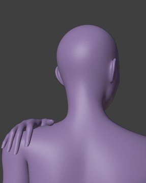 A purple, glossy 3D model of a bald human figure viewed from behind, with one hand resting on its opposite shoulder against a dark background. The image of the smooth, faceless figure conveys a sense of comfort or embrace, visually complementing the word "Solace" in the accompanying text about a 0.1 ETH reserve.