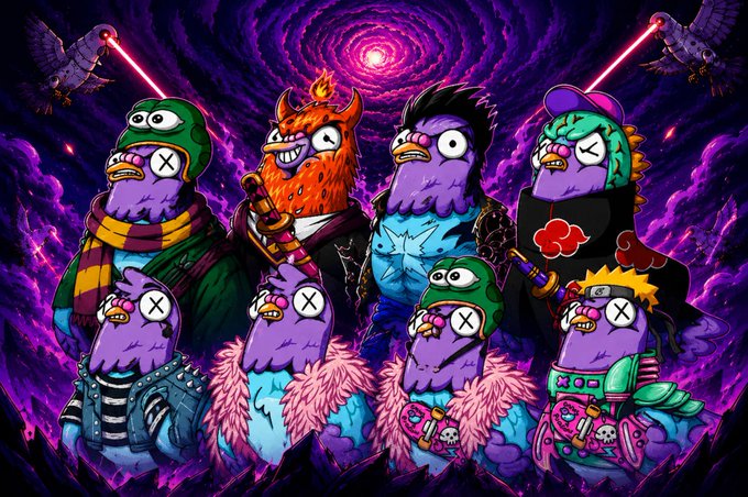The image features a group of cartoon birds wearing costumes and accessories, standing together against a purple background with a spiral pattern. The birds are arranged in two rows, one at the front and another behind them. Each bird has unique characteristics that make them stand out from each other. The colors used for the birds' outfits vary, adding to the visual appeal of the scene.