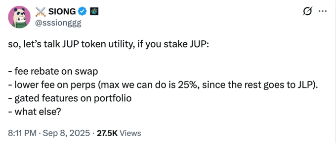 A screenshot of a tweet from user "Siong" (@ssionggg) discussing JUP token utility and staking benefits including fee rebates and gated features.