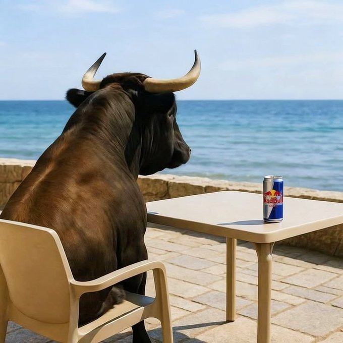 A bull with large horns sits in a plastic chair at a table with a can of Red Bull, gazing out at the ocean from a stone terrace.