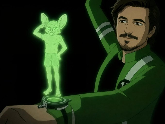 A confident bearded man in a green superhero suit with a glowing ring projects a green hologram of an anthropomorphic animal figure, evoking a Green Lantern aesthetic that fits the post's "path reveals itself" message of unveiling hidden truths.