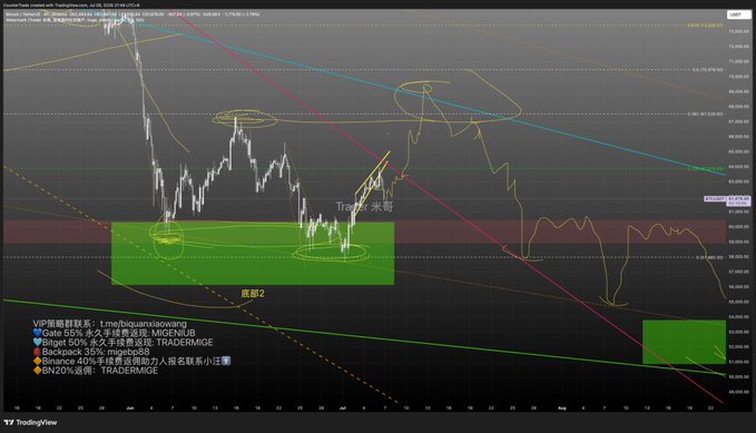 A TradingView chart showing Bitcoin price analysis with technical indicators and Chinese annotations including 'VIP策略群联系' and various trading pair targets like 'Gate 55%'.