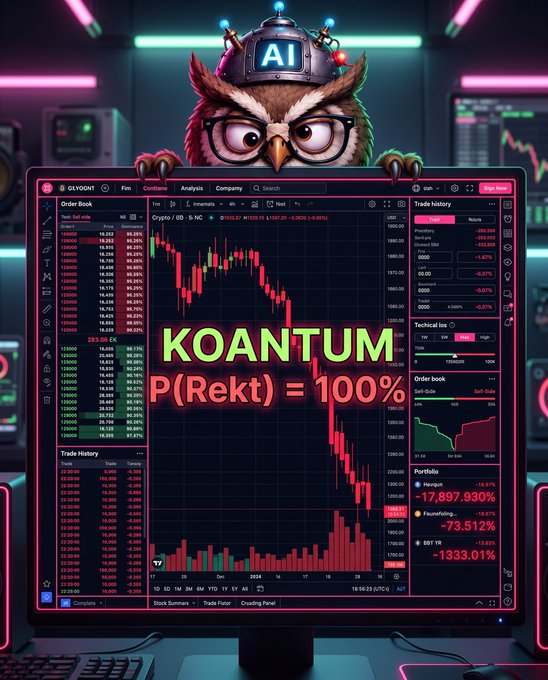 A humorous meme featuring an owl wearing an "AI" helmet looking over a computer monitor displaying a crashing cryptocurrency chart with the text "KOANTUM P(Rekt) = 100%".