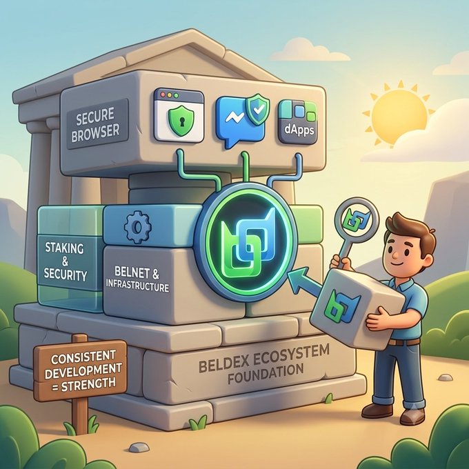 Stylized illustration of the Beldex Ecosystem Foundation as a stone building with blocks labeled Secure Browser, Staking & Security, Belnet & Infrastructure, and dApps, accompanied by a cartoon character holding a block.