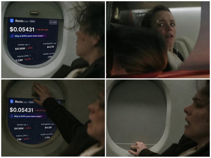 A four-panel meme showing a distressed woman on an airplane wiping a window to reveal a Ronin (RON) cryptocurrency price drop of 98.47% on her in-flight screen.