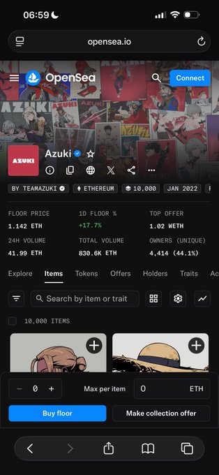 A screenshot of the OpenSea.io page for the Azuki NFT collection shows a floor price of 1.142 ETH with a +17.7% increase and 24-hour volume of 41.99 ETH, visually confirming the post's claim of an 18% price pump following their TCG launch and LA Anime Expo event.