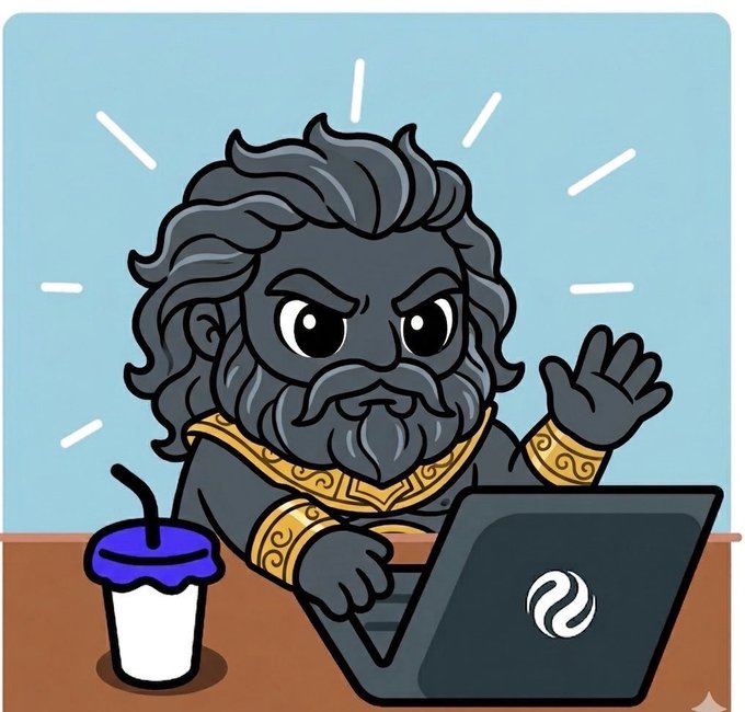 A cartoon illustration shows a gray-skinned, bearded figure with golden Greek-patterned clothing angrily waving one hand while using a laptop, with a blue drink cup beside them.