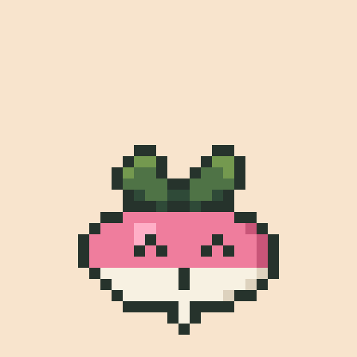 A small pixel art illustration shows a pink and white character or object topped with green leaves, centered on a light beige background.