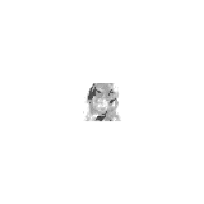 A small, low-resolution grayscale pixelated image of what appears to be a person's face centered on a white background.