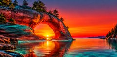 A vibrant sunset scene featuring a natural rock arch over water, with the sun glowing through the opening in brilliant orange and red hues.