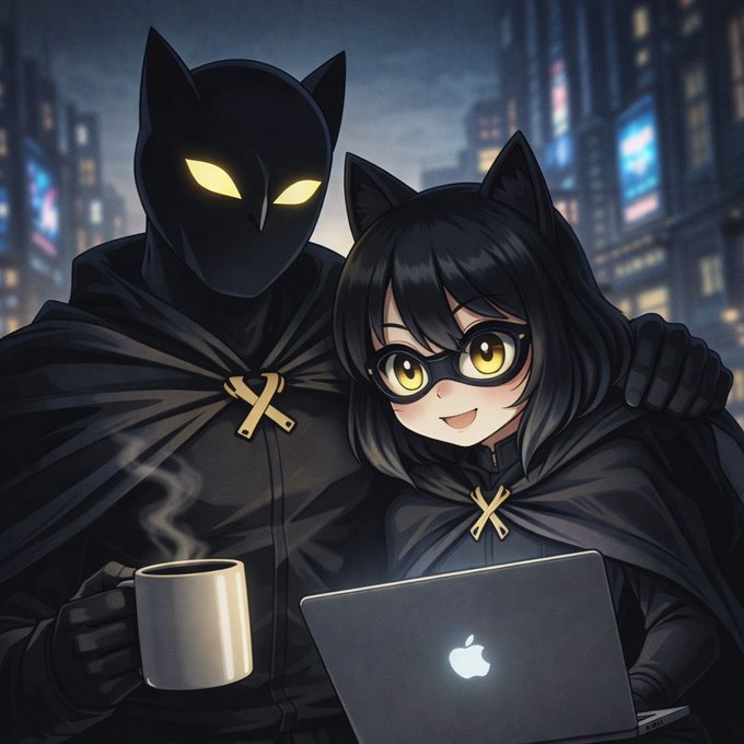 Two shadowy figures in cat-eared cloaks—a faceless one with glowing yellow eyes and a cheerful anime girl with glasses—pose together at night with a MacBook and steaming coffee mug against a city skyline. The image has no direct tie to the $50 SOL giveaway post, which relies entirely on text-based rules and engagement prompts rather than any visible crypto branding or ticker references.