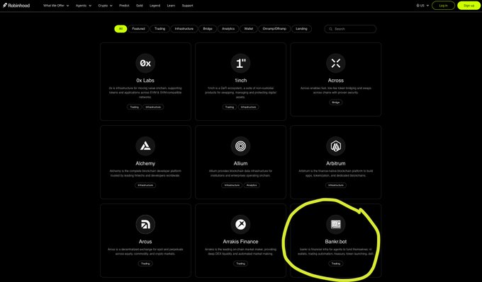 A screenshot of the Ruterhood interface showing a grid of Web3 protocol cards including 0x Labs, 1inch, Across, Alchemy, Allium, Arbitrum, Arcus, Arrakis Finance, and Bankr.bot, which is circled in yellow.