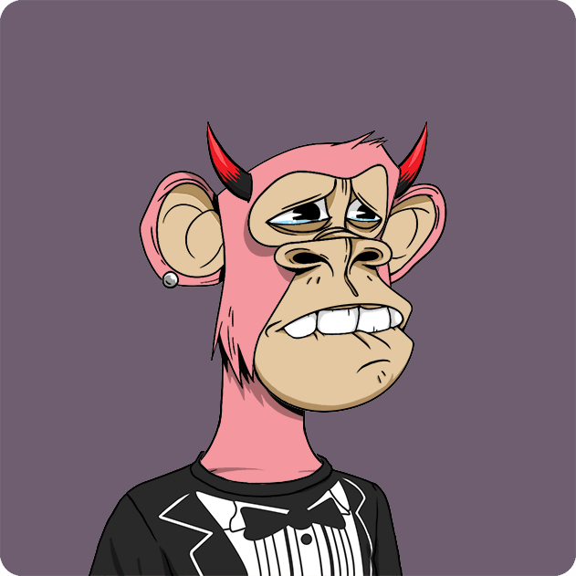 A digital illustration shows a sad-looking pink monkey wearing a black tuxedo jacket and bow tie against a grey background.