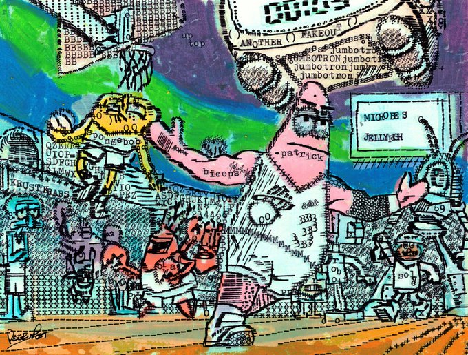 A chaotic mixed-media drawing featuring SpongeBob SquarePants and Patrick Star with text labels like "MIGOE'S JELLYFISH", "BICEP", and "PATRICK" throughout.