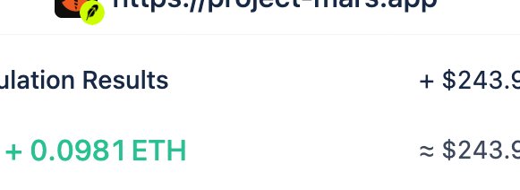 The image shows a portion of a cryptocurrency simulation results screen displaying earnings of 0.0981 ETH (approximately $243.9) from project-mars.app. The half-hourly reward supports the claim of "not bad" returns, showing consistent passive income from the platform.