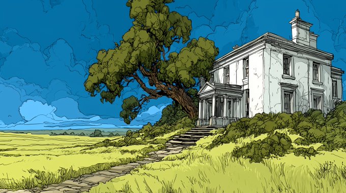 A stylized comic-book illustration of a stately white mansion with classical columns, set in a green field under a dramatic blue sky with a large, windswept tree.