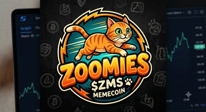 A logo for "ZOOMIES" featuring an orange tabby cat running inside a circular badge design with "$ZMS MEMECOIN" text below it, displayed against a dark background showing stock/crypto charts on a phone screen.