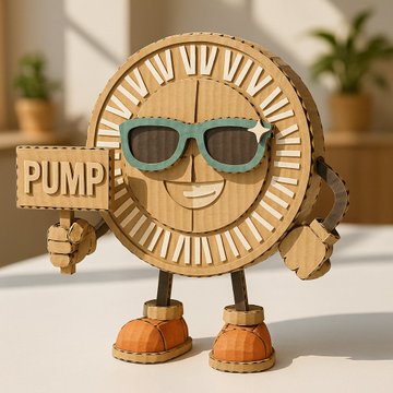 A cheerful cardboard character wearing teal sunglasses holds a sign reading "PUMP" while standing on orange coin-like feet. The image playfully reinforces the post's message about maximizing passive income through SUN Token staking, with the "PUMP" sign symbolizing the upward potential of earning platform revenue from staking on SUN.io.