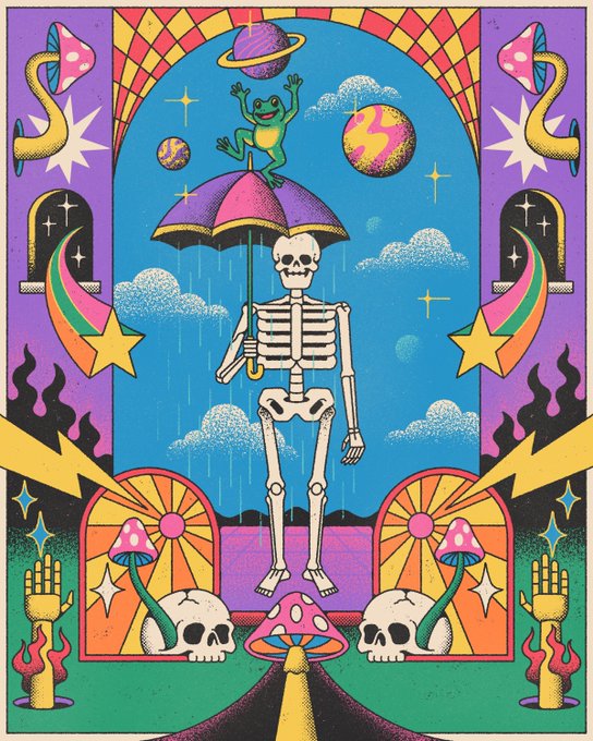 A psychedelic colorful illustration of a skeleton holding an umbrella with a frog on top, surrounded by stars, planets, mushrooms, skulls, and flames in a tarot card-like design.