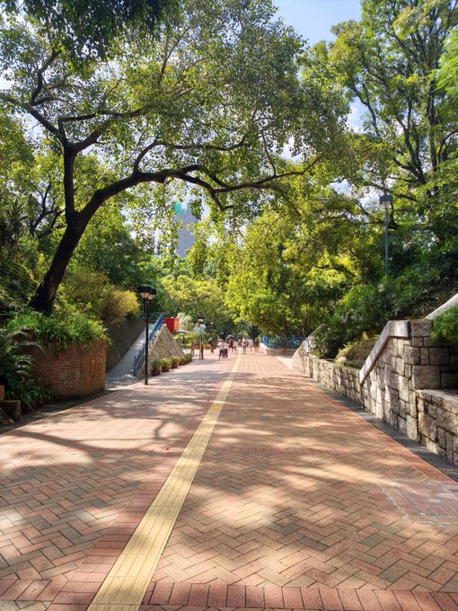 A sunlit brick walkway with a yellow tactile paving strip runs through a tree-lined park area, with stone walls, lampposts, and a few small figures visible in the distance.