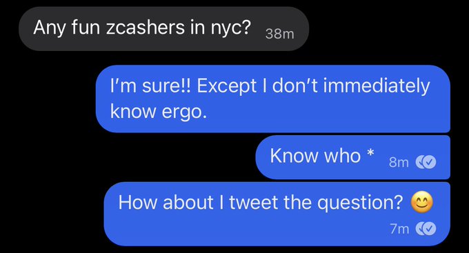 The image shows a text message conversation between two people, with one person asking about the other's whereabouts or plans for the evening. The response from the other person includes an explanation of their location and time, as well as some additional information about the Zcashers in NYC.