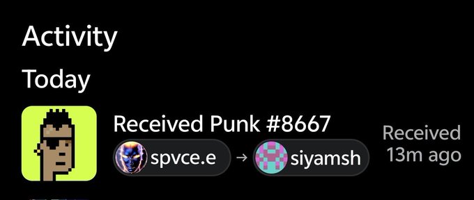 A notification screen showing 'Received Punk #8667' transferred from user 'spvce.e' to 'siyamsh' 13 minutes ago, accompanied by a pixel art character icon.