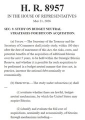 Document titled 'H.R. 8957' dated May 21, 2020, addressing SEC study on budget neutral strategies for Bitcoin acquisition in the House of Representatives.