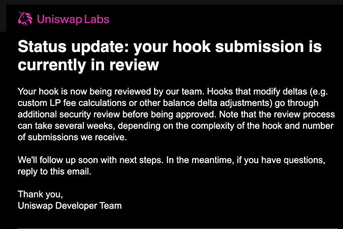 The image shows an official email from Uniswap Labs stating that a hook submission is currently under review, noting that hooks modifying deltas (such as custom LP fee calculations) require additional security review that may take several weeks. This directly supports the accompanying post about the custom $SEAL Uniswap v4 hook, which involves custom LP fee logic and is therefore subject to Uniswap's heightened security review process reserved for top-tier protocol submissions.