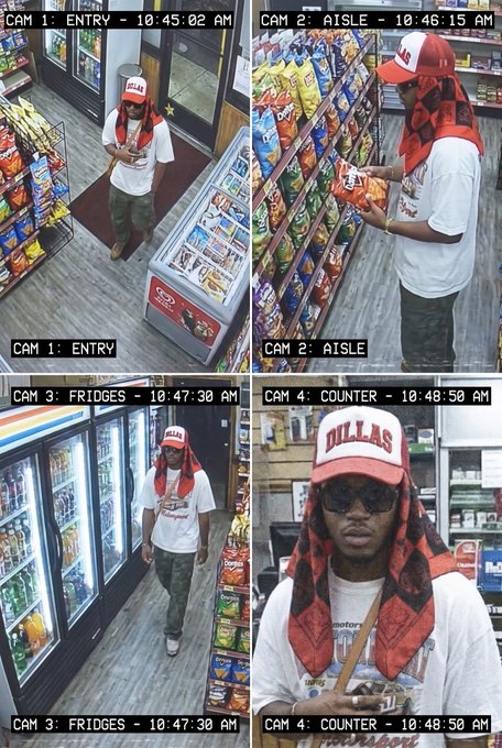 Four-panel security camera footage from a store showing a suspect wearing a red and white "DALLAS" cap and shirt, entering at 10:45:02 AM, browsing aisles at 10:46:15 AM, walking past fridges at 10:47:30 AM, and appearing at the counter at 10:48:50 AM.