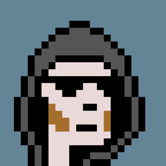 A pixel art illustration of a hooded figure wearing a gray hood over a pale face with simple black and brown pixel features, set against a solid blue background.