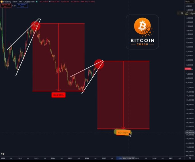 A bearish Bitcoin chart using USDT pairs shows projected crashes of -64.90% and -84.99%, reinforcing the post's warning of a significant BTC downturn, with the Bitcoin Crash logo prominently displayed over a downtrend from 2021 toward 2030.