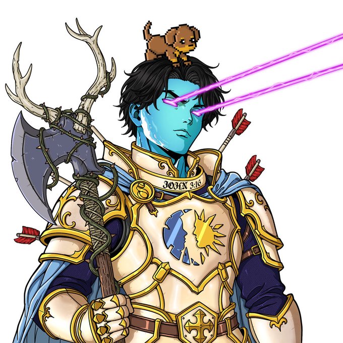 An anime-style illustration of a blue-skinned warrior in ornate golden and white armor with antler decorations on his back, pink laser beams shooting from his eyes, and a small pixelated brown dog on his head.