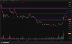 A candlestick chart of Polkadot (DOT/USD) shows the cryptocurrency's price hovering around the $20 mark, highlighted by horizontal support/resistance lines, with notable historical lows visible on the left side of the chart—visually supporting the post's message about DOT being a bargain below $1 before its rally to current levels.