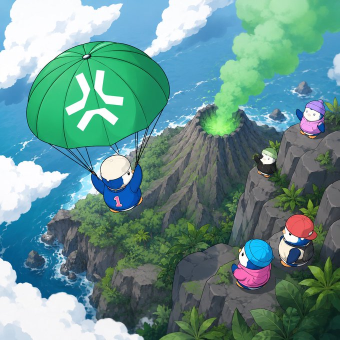 A digital illustration showing penguin-like characters paragliding with a green parachute over a volcanic island, with other characters watching from the rocky cliffs.