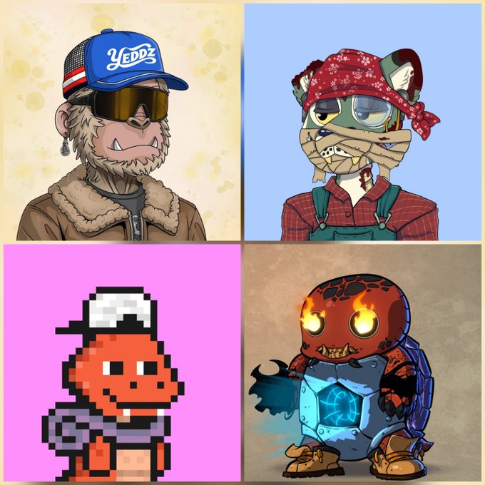 A four-panel image showcasing stylized NFT character art, including a bearded figure wearing a "YEDDZ" cap with an American flag patch, a bandaged character in a red bandana, a pixel-art orange dinosaur-like creature, and a fiery red character in overalls — representing the four giveaway prizes (HBAR NFTs) from collections like @TheYeDDz, @wildtigers_nft, @sartieshbar, and @TimelessTurts offered to the $HBAR community for liking, retweeting, and tagging friends.