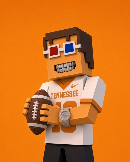 3D voxel-style character wearing a 'TENNESSEE' jersey, 3D glasses, and a luxury watch, holding a football against an orange background.
