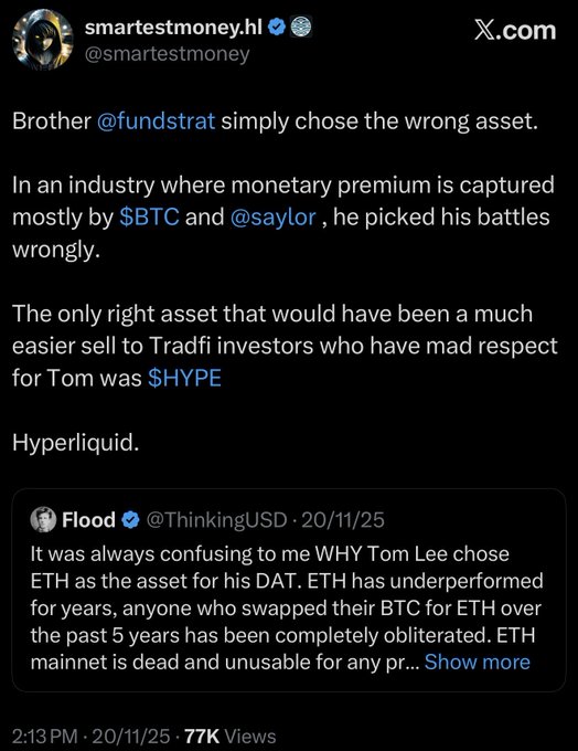 The image shows a post about cryptocurrencies, featuring a screenshot of an electronic message from @fundstrat with several key phrases about cryptocurrencies such as bitcoin (BTC), hyperliquidity, deflationary assets, and altcoins. The image also contains a list of five different cryptocurrency coins, including one named "@ETH". The post has been viewed 1,300 times and the user has posted 5 new messages.