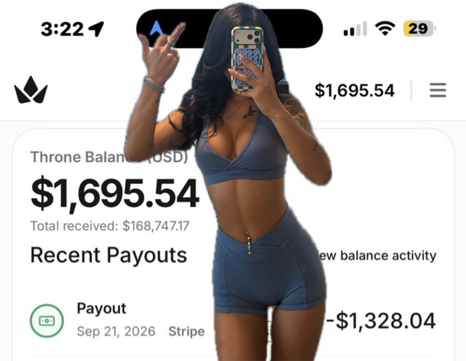A screenshot of a Throne balance page showing $1,695.54 with a woman in a blue outfit taking a mirror selfie, featuring a total received of $168,747.17.