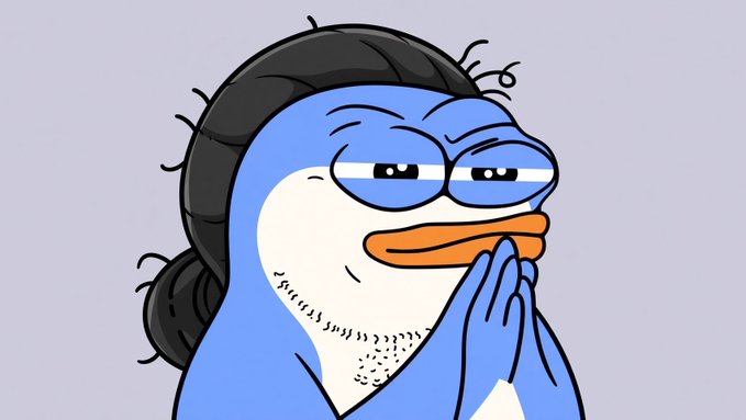 A cartoon illustration of a blue penguin character with a black hair net/cap, an orange beak, and flippers held together in a prayer or pleading gesture against a plain grey background.