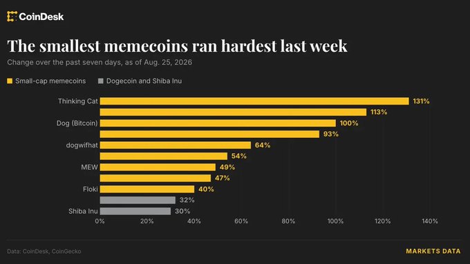The accompanying post accurately reflects the data shown in the CoinDesk bar chart, which illustrates weekly percentage gains for small-cap memecoins versus Dogecoin and Shiba Inu as of August 25, 2026. Thinking Cat led with a 131% gain, followed by Cash Cat (referenced as "Thinking Cat" with 113%), Dog (Bitcoin) nearly doubling at 93%, WIF at 64%, while Dogecoin and Shiba Inu posted more modest gains of 32% and 30% respectively.
