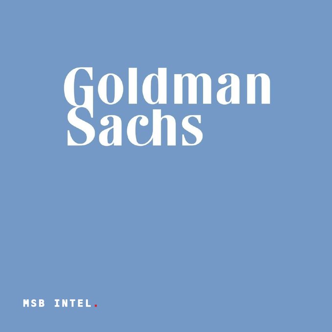 A blue graphic displaying the white text 'Goldman Sachs' with 'MSB INTEL.' in the bottom left corner.