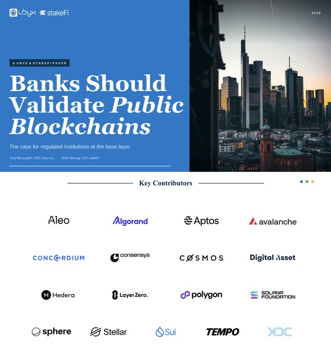 A promotional graphic for 'A UBYX & STAKEFI PAPER' titled 'Banks Should Validate Public Blockchains', featuring logos of key contributors including Aleo, Algorand, Aptos, Avalanche, Cosmos, Hedera, Polygon, Stellar, and Sui.