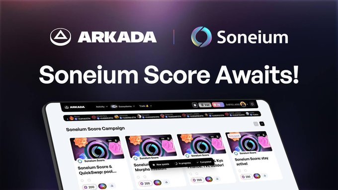 A promotional graphic for ARKADA and Soneium featuring the headline 'Soneium Score Awaits!' above a screenshot of the Soneium Score Campaign dashboard.