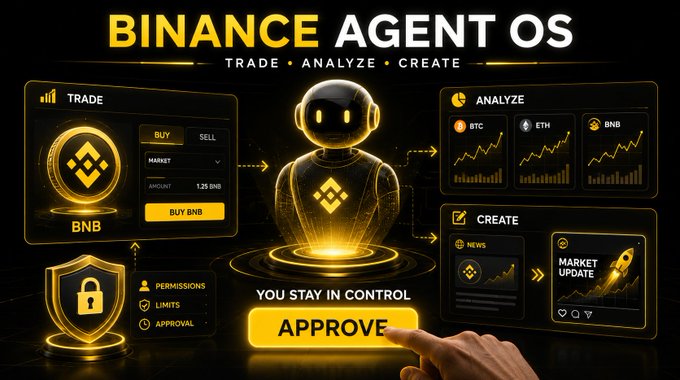 The Binance Agent OS dashboard shows a glowing AI robot that lets users trade BNB (1.25 BNB displayed), analyze BTC, ETH and BNB charts, and create market updates, all under a “YOU STAY IN CONTROL” banner with an “APPROVE” button.