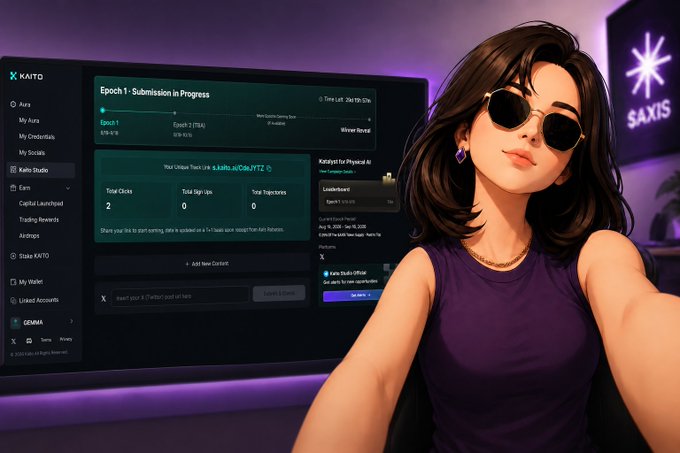An illustration of a stylish woman with sunglasses and a purple top standing next to a large screen displaying the Kaito dashboard for the 'Katalyst' content creator campaign.