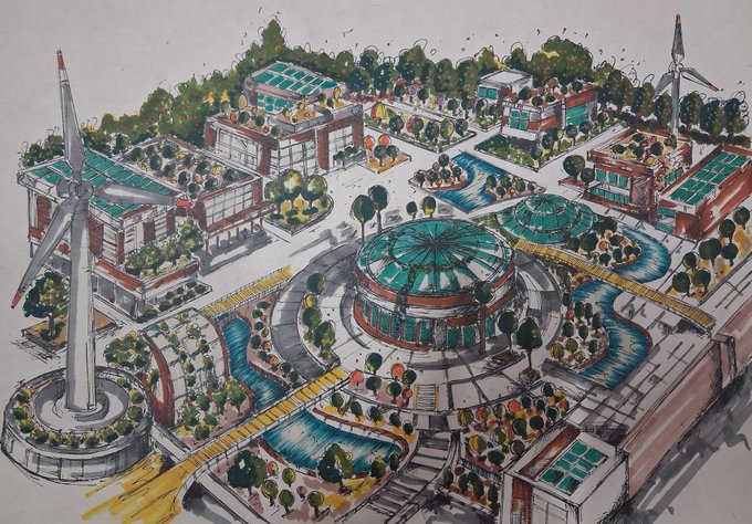 A hand-drawn illustration showcases a sustainable urban design concept titled "Green Breath City," featuring buildings with rooftop gardens, wind turbines, solar energy installations, and a central domed structure surrounded by landscaped walkways and water features, exemplifying eco-friendly architecture.