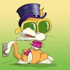 A cartoon illustration features a grumpy orange cat wearing a purple top hat, green sunglasses, and a pink bow tie, standing next to an electrical outlet.