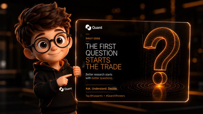 A 3D cartoon character points to a digital billboard branded 'Quant' displaying the text 'DAILY EDGE - THE FIRST QUESTION STARTS THE TRADE', accompanied by a glowing question mark.