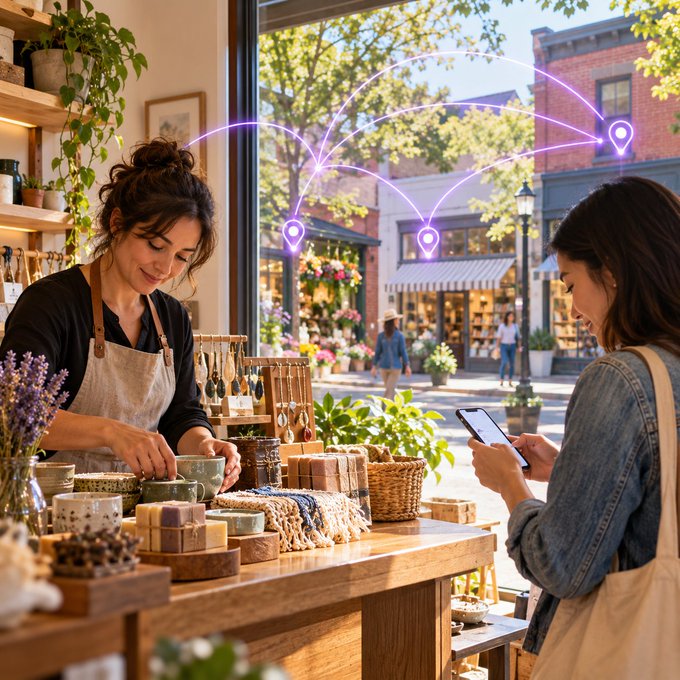 Image showing two women at a craft shop counter with purple location pin icons connected by lines, suggesting a location-based app or network connecting nearby businesses.