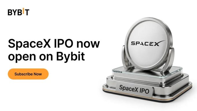 The image displays an advertisement for the SpaceX IPO. The centerpiece of this advertisement is a silver plaque that features the word "Spacex" prominently displayed. Below the plaque, there are two descriptions written in white text: one reading "Bybit Official IPO Express is LIVE with SpaceX!" and another stating "In partnership with @xStocksFi & @krakenfx, get access to a SpaceX pre-IPO opportunity". The advertisement also highlights the fact that people can trade on this platform and emphasizes the need for registration. Finally, the text reads "BybitOfficial IPO Express is live with …"